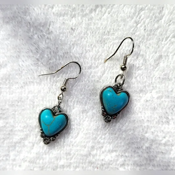 Western Turquoise Blue & Silver Dangle Heart Earrings  / Pierced - Picture 2 of 5